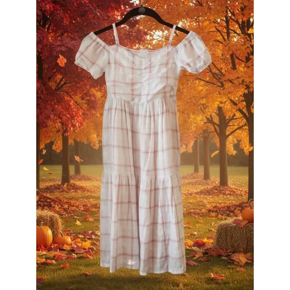 Cat Jack Girls Cold Shoulder White Dress with Pink Windowpane Plaid Medium 8